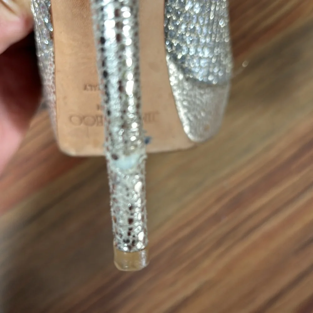 Jimmy Choo Peep Toe Luna Platform Pumps Heels Glitter Fabric Champagne 38/ 7.5 - Picture 3 of 14